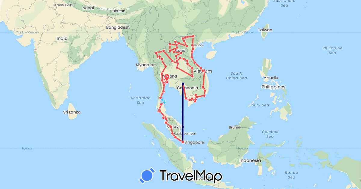 TravelMap itinerary: driving, hiking, boat in Cambodia, Laos, Malaysia, Singapore, Thailand, Vietnam (Asia)
